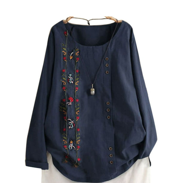 Womens Casual Loose Blouse Cuffed Sleeve Summer Cotton Linen Button Floral Embroidery Shirt Tops 
